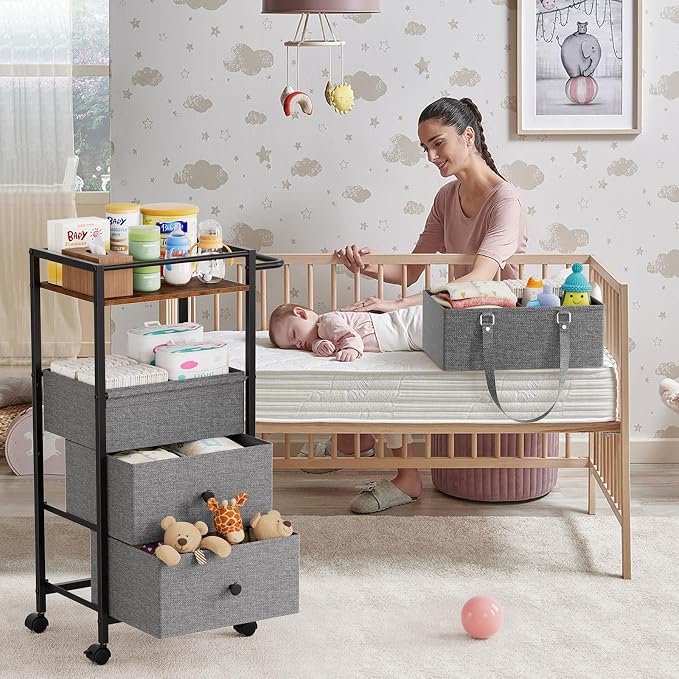 Modanais Baby Diaper Caddy Organizer Cart with Drawers - 3In1 Rolling Storage Cart with Wheels, Removable Diaper Caddy, Detachable Dividers - for Crib, Bedroom, Art & Craft Organizer (Black)