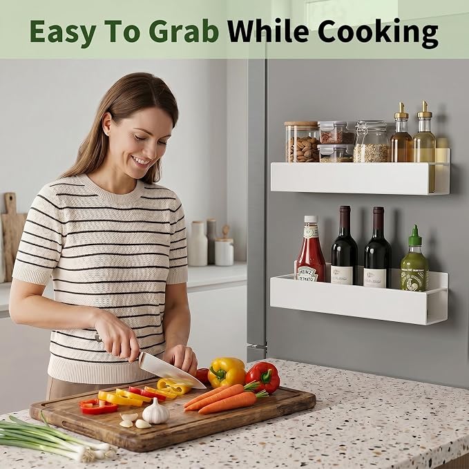 Magnetic Spice Rack, White, 4 Pack | Multipurpose Magnetic Shelf, Versatile Storage for Spices, Herbs, Seasonings, Suitable for Kitchen Refrigerator, Cabinet