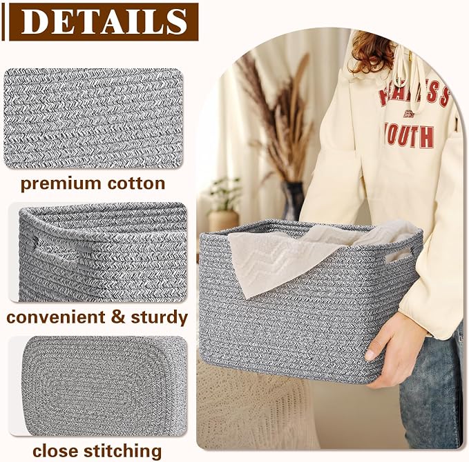 Storage Baskets for Organizing, 4 Pack Baskets for Shelves, Decorative Storage Bins for Shelves, Cotton Rope Storage Basket with Handles, Woven Basket for Storage, 13''Lx8.7''Wx7.9''H, Gray