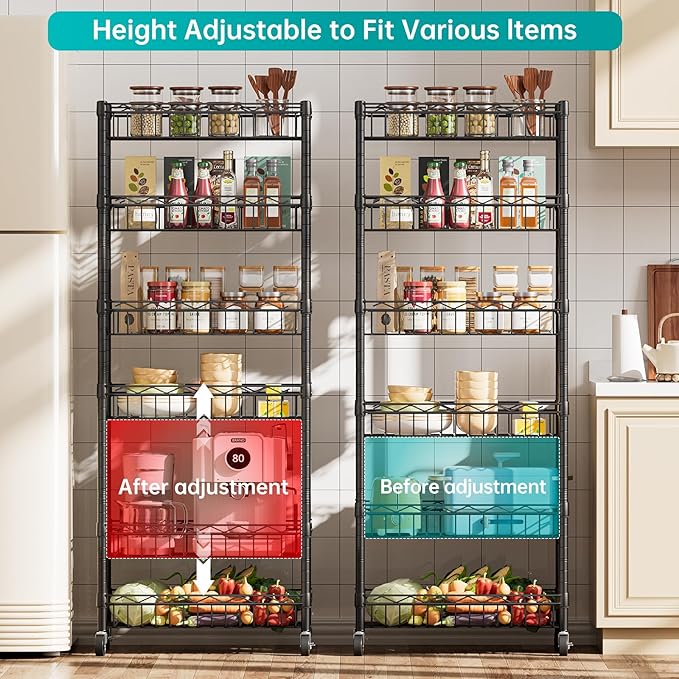 SINGAYE 6 Tier Shelf Wire Shelving Adjustable Storage Shelves Basket Rack | Adjustable Shelves with Wheels Metal Storage Unit Closet Bathroom Organizers Pantry Kitchen Garage Laundry Room Black