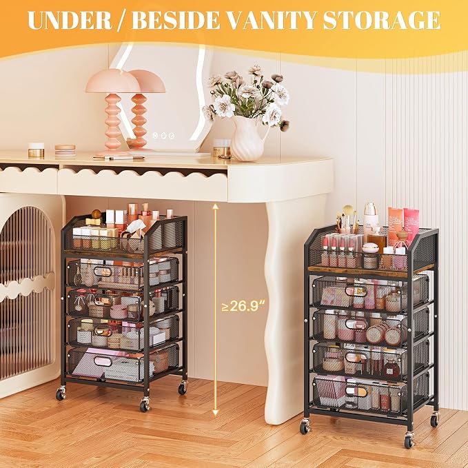 SUNALLY Rolling Makeup Cart Organizer with Drawers, 5-Tier Beauty Vanity Storage Cart for Skincare, Cosmetics, Nail Supplies and Bathroom Essentials, Black
