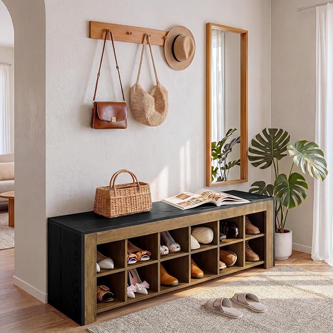 Tribesigns 48-inch Farmhouse Entryway Bench, Wooden Shoe Storage Bench with 12 Cubbies & Compartments, Shoe Rack Organizer, Freestanding Shoe Cabinet for Hallway, Mudroom, Cloakroom, Bedroom