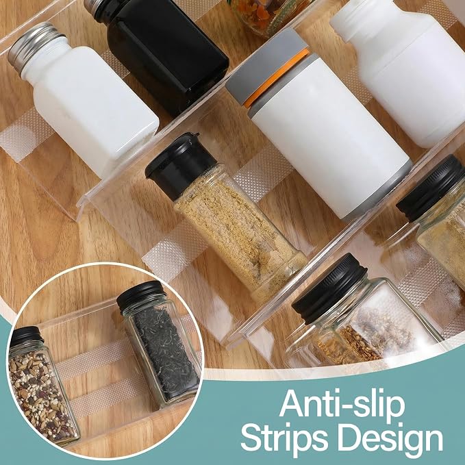 8 Pack Spice Drawer Organizer with 18 Anti-Slip Mats, 13" to 26" Expandable Acrylic Seasoning Organizer Rack Tray Kitchen Spice Rack Drawer Holds up to 56 Jars (Jars Not Included)