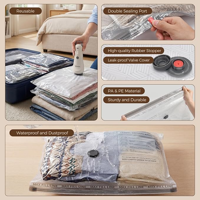 Vacuum Seal Bags for Clothing Travel,15-Pack, 80% Space Reduction | Fits Carry-On, Luggage, and Suitcase, Reusable Airtight Seal Prevents Leaks, Ideal For Home Storage & Travel Packing