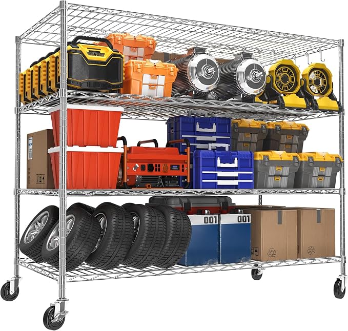55.5" W x 24" D x 76" H Storage Shelves Heavy Duty with Wheels 4 Tier Adjustable Wire Garage Shelving Rolling Metal Organizer Shelf Utility Rack for Commercial Warehouse,Kitchen Chrome