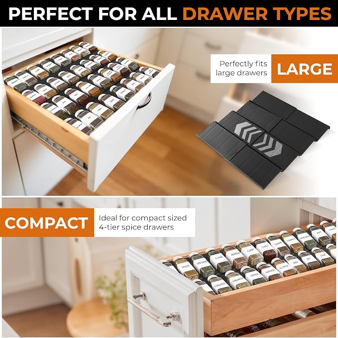 ALCOVA Expandable Spice Drawer Organizer 9-18" Black (Jars Not Included) | Expandable Spice Drawer Organizer, Spice Rack, Seasoning Organizer