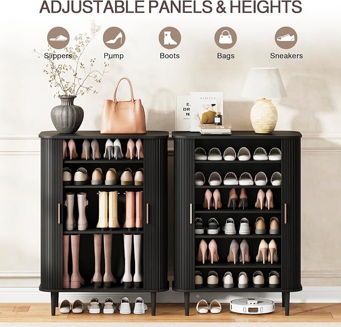DHH Shoe Storage Cabinet with Sliding Door, 6-Tier Shoe Cabinet with Adjustable Shelves, Mid-Century Modern Freestanding Shoe Storage Organizer for Entryway, Hallway, Living Room (Black, 31.5 ")