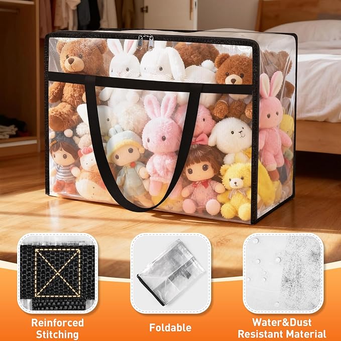 Clear Under Bed Storage Containers - 8 Pack Large Capacity Clothes Storage Bags with Lid & Sturdy Handles, Foldable Moving Bags, Clothing Organizer Totes for Bedding, Comforter, Sheet（40 L）