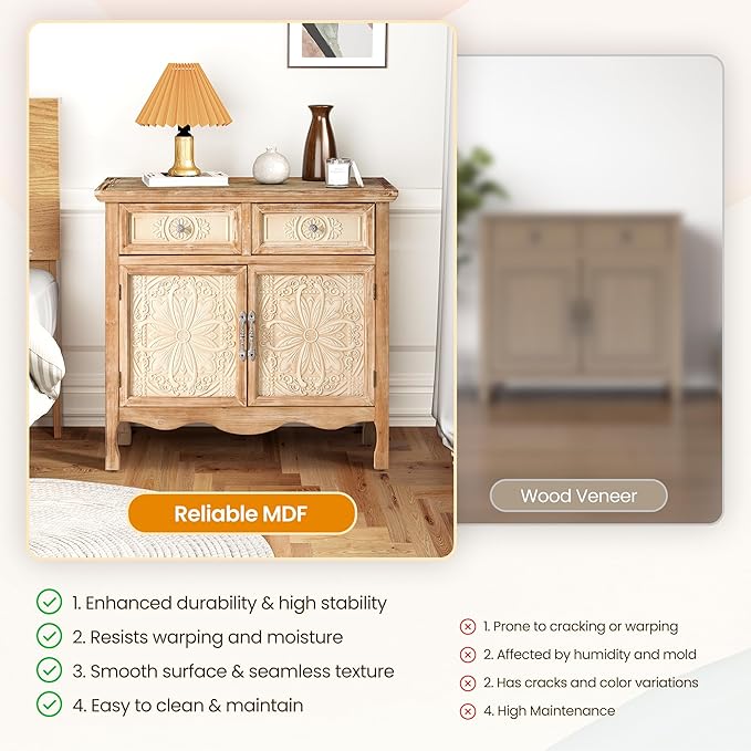 RoyalCraft Vintage Sideboard Buffet, Accent Cabinet with 2 Carved Doors and 2 Drawers, French Country Cabinets for Dining Room, Kitchen, Living Room, Hallway (Natural2, 16''D x 30''W x 30''H)