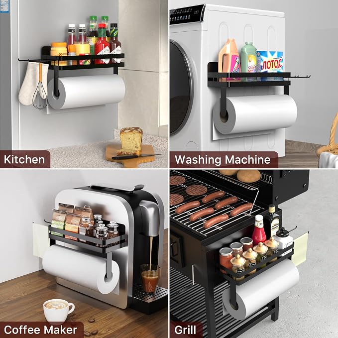 ZUNTO Magnetic Paper Towel Holder for Fridge, Strong Magnet, No Drill | Black Kitchen Organizer with Spice Shelf and 2 Removable Long Hooks for Hanging