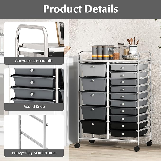 COSTWAY 15 Drawer Rolling Storage Cart, Mobile Storage Organizer | Removable Drawers & Metal Frame, Multipurpose Utility Tools Paper Organizer on Wheels for Home, Office (Mixed Black)