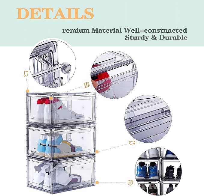 12 Pack Acrylic Clear Shoe Boxes– Ultra Clear Plastic Stackable Sneaker Storage For Sneakerhead. Professional Grade Shoe Display Case with Magnetic Door .Boots and Hat Organizer.Fits US Size 15