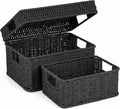 Wicker Storage Basket with Lid - Woven Basket for Storage,Rectangular Decorative Boxes Bins with Lids for Shelves,living room, Nursery, 2 baskets+1 lid(Black)