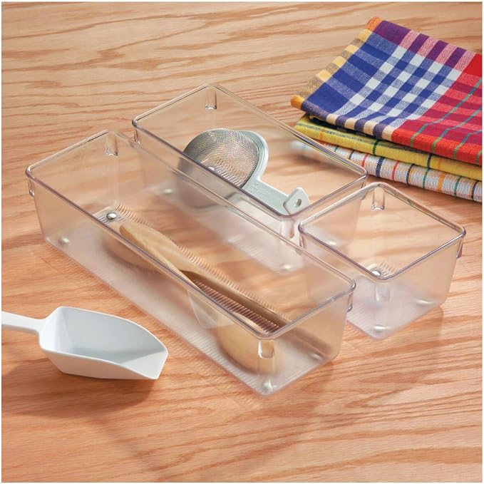 iDesign Plastic Drawer Organizer Bins, Set of 3, Clear | Storage for Kitchen, Storage for Bathroom, Storage for Desk Drawers
