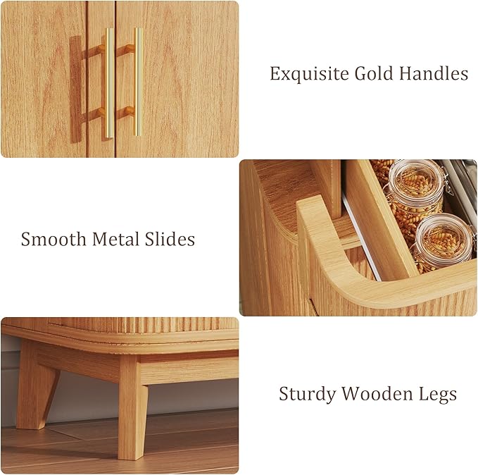 HUAHUU 71" Pantry Cabinet with Drawer, Kitchen Pantry Storage Cabinet with 4 Doors, Modern Curved Storage Cabinets with 10 Large Storage Spaces for Dining Room, Living Room, Oak