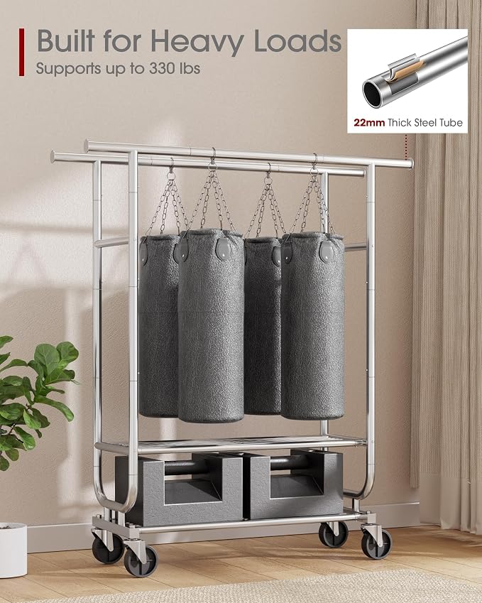 Sakugi Double-Rod Garment Rack 2-Tier 42.5x16.9x65.2 Silver with Wheels | Bedroom, Closet, Laundry Room, Heavy Duty, Stainless Steel
