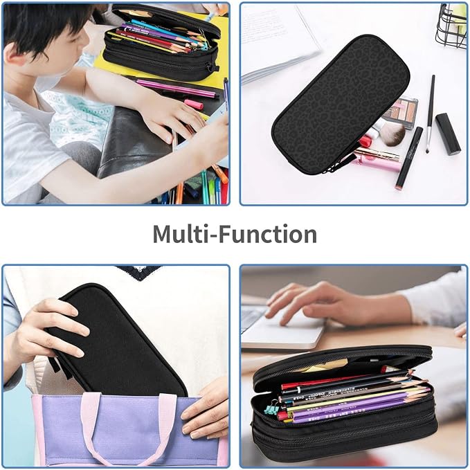 Perinsto Black Leopard Print Pencil Case Big Capacity Multi Compartment Stationery Box Pencil Pouch Holder Desk Organizer For School Office Home