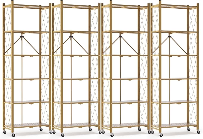 ALANNG 73.6 Inch Folding Bookshelf, 6 Tier Metal Bookcase and Bookshelves | Tall Shelves for Living Room Office Bedroom, Heavy Duty Book Shelve Free Standing Open (Gold, 4PACK)