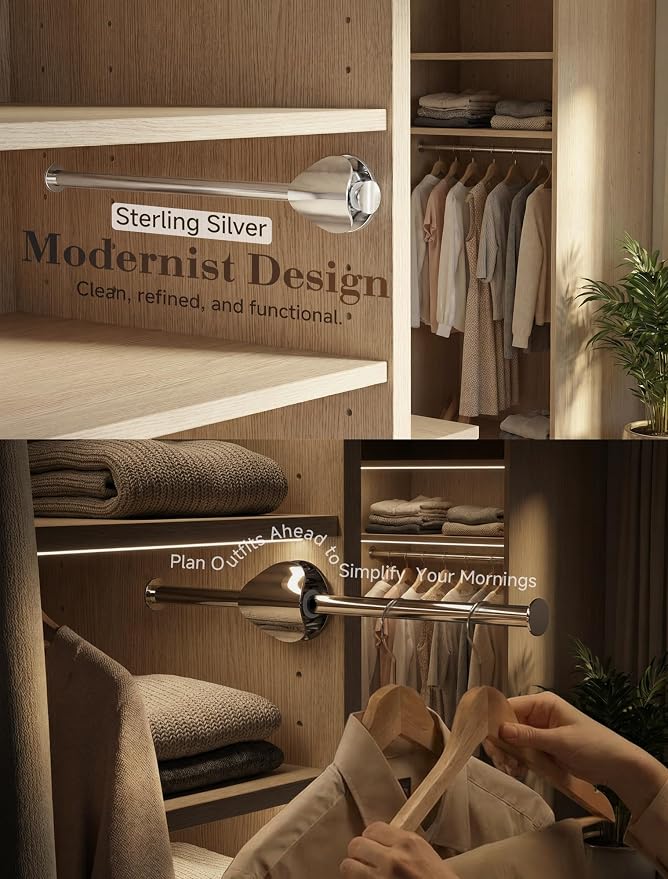 INMAKER Valet Rod for Closet Slide out | Pull out to 9.5" Hanger Rod for ≥12" Deep Closet, Sterling Silver, 1 Pack