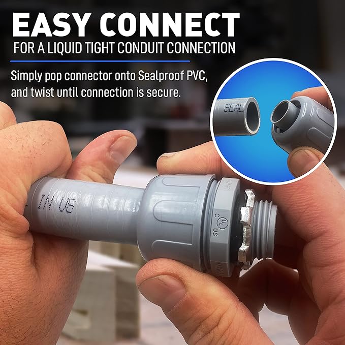 Sealproof 1-1/4 Inch Non-metallic Liquid-Tight Conduit and Connector Kit, 25 Foot Made in USA Flexible Electrical Conduit Type B with 4 Straight and 2 90-Degree Conduit Connector Fittings, 1.25" Dia