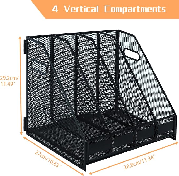 Desk File Organizer Metal Desk Magazine Folder With 4 Vertical Compartments Rack File Organizer For Office, Home, School, Black