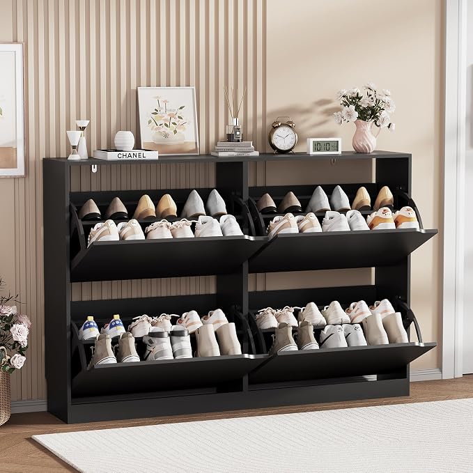 Shoe Storage Cabinet, Wood Shoe Organizer for Entryway with 3 Flip Drawers, Freestanding Shoe Rack with Adjustable Shelf, Narrow Shoe Dresser for Front Door Entrance (Black, 4 Drawers)