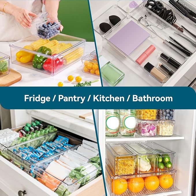 Luckore 10 Pack Clear Fridge Organizer, Stackable Refrigerator Organizer Bins with Lids, Fridge Storage Containers for Kitchen, Food, Cabinets, Fruits, Vegetables, Cereals