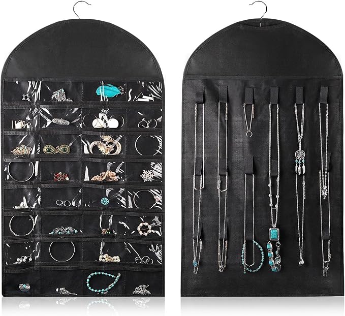 Flexzion Hanging Jewelry Organizer – (1 Pack) Black 32 Clear Pockets & 18 Hooks & Loops, Non-Woven Bag Dual Side Earring Storage Display Holder with for Necklace Bracelet Sunglasses | Double-sided jewelry storage bag with clear pockets and hook-and-loo...