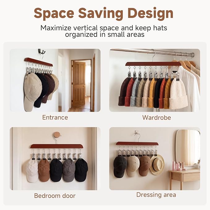 StorageWorks Hat Organizer 2 Pack, Cherrywood Cap Hanger Rack with 10 Clips