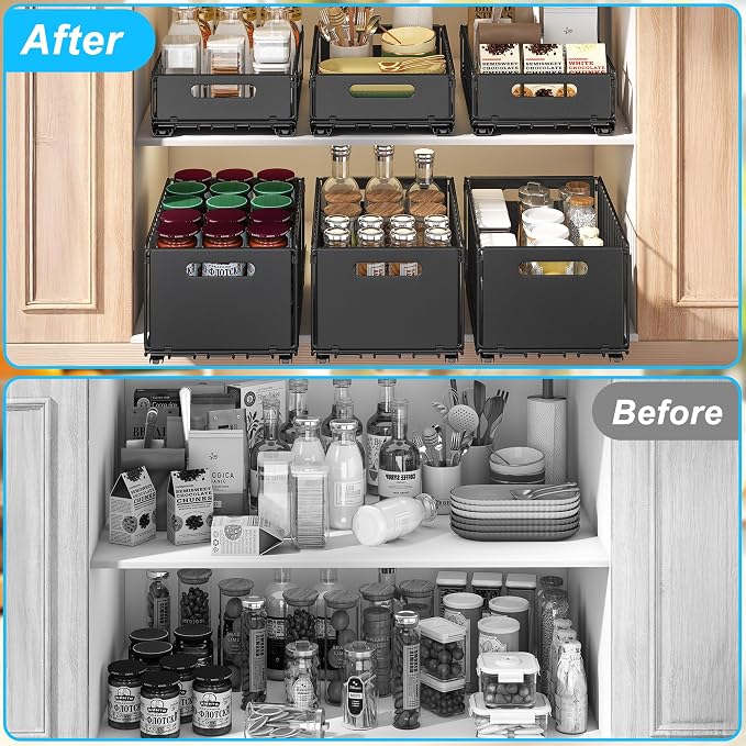 Pull out Cabinet Organizer,Slide out Drawers Shelves Storage,Heavy Duty Shelves Cabinet Basket for Kitchen, Cupboard,Pantry(9.65" W X14.76 D X3.94 H- 2 Pack) Fixed with Adhesive Nano Film
