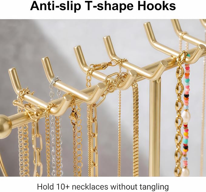Gold Necklace Holder with Tray - 16 Hooks for Hanging Jewelry | The Tray Space is Suitable for Multifunctional Storage of Earrings, Rings, Lipstick, Watches & More - Jewelry Organizer