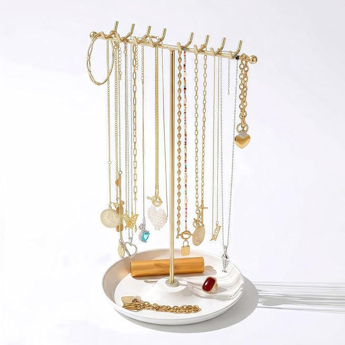 Gold Necklace Holder with Tray - 16 Hooks for Hanging Jewelry | The Tray Space is Suitable for Multifunctional Storage of Earrings, Rings, Lipstick, Watches & More - Jewelry Organizer