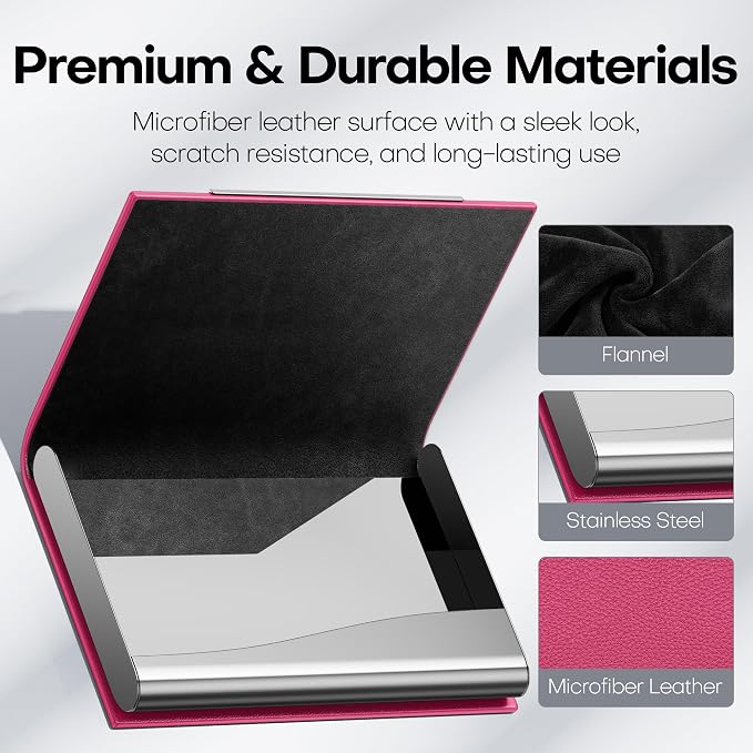 Padike Business Card Holder, Business Card Case Professional PU Leather & Stainless Steel Multi Card Case,Business Card Holder Wallet Credit Card ID Case/Holder for Men & Women. (Rose red)