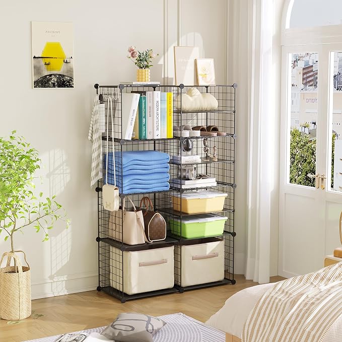 C&AHOME Wire Cube Storage Unit, Interlocking Metal Wire with Divider, Black | Modular Cabinet with Plastic Panels Bookshelf Stackable Closet Organizer with Small Hooks