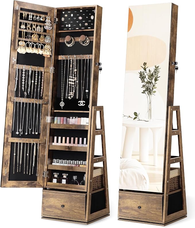 Nicetree 360°Swivel Jewelry Cabinet, Rotatable Full Length Mirror with Jewelry Storage, Standing Jewelry Armoire Organizer, Lockable Jewelry Organizer with 3 Rear Shelves, Bottom Drawer, Rustic Brown