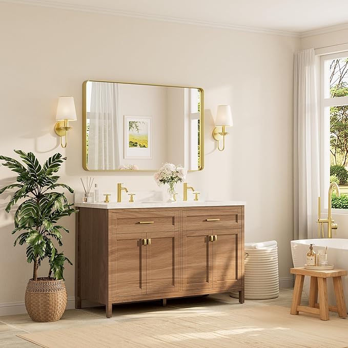 TETOTE 48 x 30 Inch Bathroom Mirror, Brushed Gold Metal Framed Wall Mounted Mirrors, Brushed Brass Rectangle Modern Decorative Vanity Mirror (Horizontal/Vertical)
