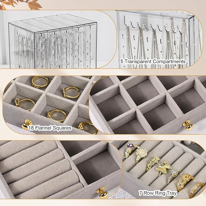 Greenfeather Jewelry Organizers and Storage, Clear Acrylic Jewelry Box with 40 Necklace Hooks 120 Pairs of Earring Holes 2 Velvet-Lined Drawers for Rings Necklaces Earrings