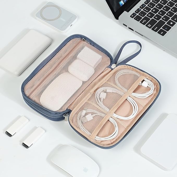 NISHEL Electronics Travel Organizer Cord Case, Charger Cable Tech Bag | Double-layer bag keeps chargers, cables, flash drive, and small tech essentials organized for trip, Medium, Aegean-Blue