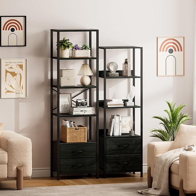 Furnulem 5-Tier Tall Corner Shelf, Narrow Bookshelf with Drawers | 65.16" H Black Bookcase,Fabric Bins and Metal Frame,Wood Display Shelf for Bedroom,Living Room,Home Office. Easy to Assemble