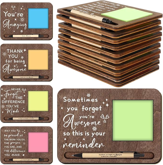 Kosiz 10 Set Back to School Teacher Gifts Wooden Sticky Note Holder with Notes and Ballpoint Pens Inspirational Sticky Notes Sets for Teacher Back to School Party Supplies, Brown