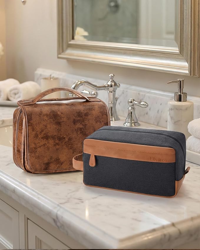 Elviros Hanging Travel Toiletry Bag Gift for Men，Mens Toiletries Bag Gifts Set Shaving Dopp Kit Water-resistant Bathroom Toiletries Organizer PU Leather Cosmetic Bags 2 Pack