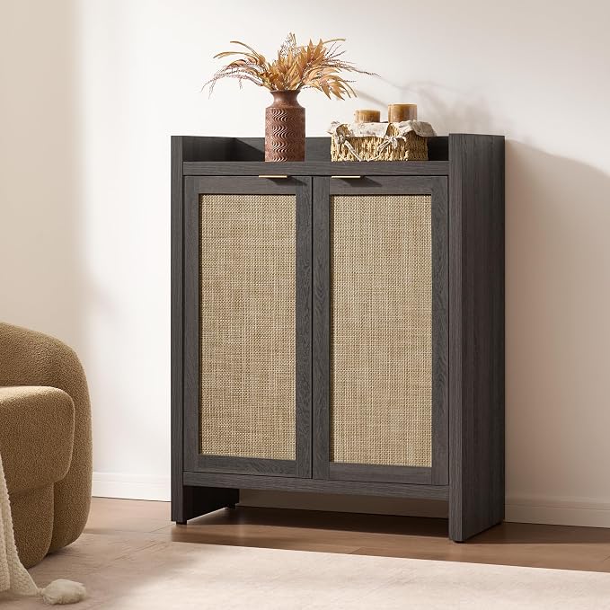 SICOTAS Shoe Storage Cabinet Set of 3, Large Capacity Rattan Shoe Cabinet for Entryway, 6-Tier 41" Tall Shoe Cabinet, Farmhouse Wooden Storage Cabinet for Living Room Hallway, Black Oak