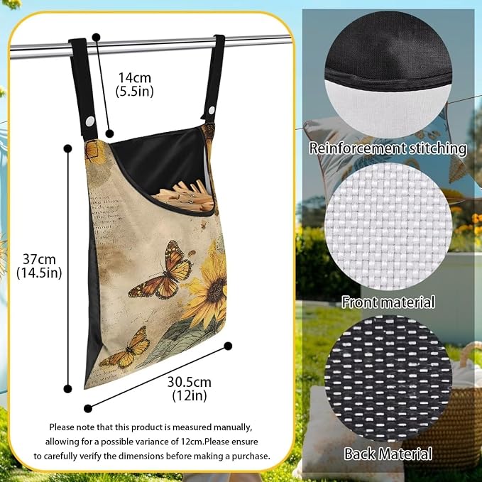 Butterfly Sunflower Clothespin Bag Fashion Hanging Storage Organizer Clothes Pin Bag Waterproof Laundry Clothespin Bag Clothespin Holder for Clothesline Outdoor