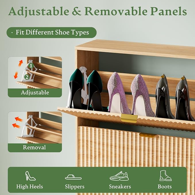 Xixini Shoe Storage Cabinet for Entryway with 3 Flip Drawers & Bench, Slim Wood Shoe Organizer with Modern Fluted Panel, Freestanding Narrow Shoe Rack for Front Door Entrance, Hallway, Foyer, Oak