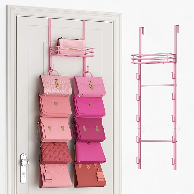 SWTYMIKI Over The Door Purse Organizer - Wall Mounted Handbag Organizer with 10 Hooks and Metal Basket, Hanging Purse Storage Rack Holds up to 10 Bags, Bag Rack Can Use As 1/2 Part, for Door, Closet