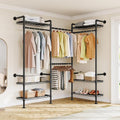 L3 Wall Mounted Metal Pipe Closet System Heavy Duty Corner Garment Rack | Max Load 950LBS with 4 Telescopic Rods & 6 Wire Shelves Black Industrial Modular Clothing Clothes Rack Wardrobe Closet