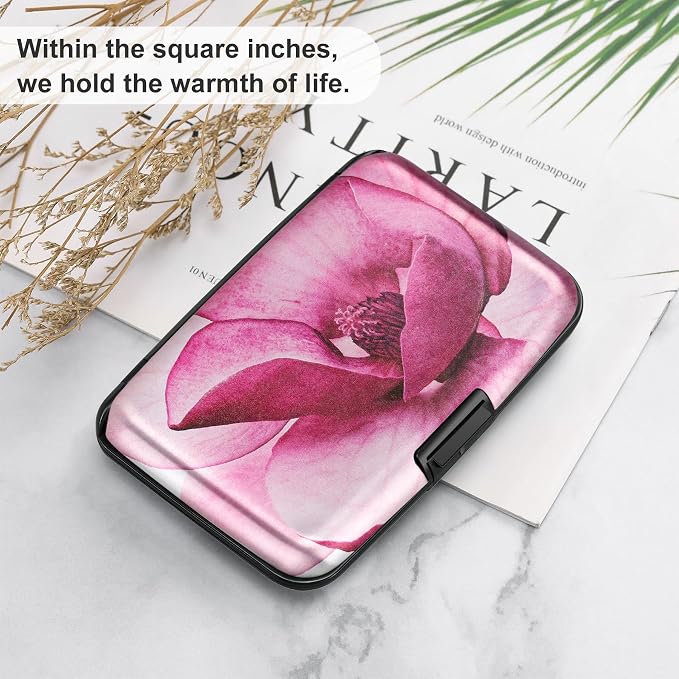ELFISH Mini RFID Aluminum Wallet Credit Cards Holder Business Card Case Metal ID Case for Men Women(Pink Magnolia)