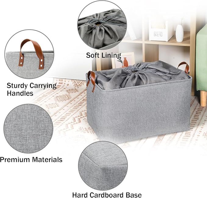 DULLEMELO Large Grey Storage Baskets 70L Oversized Dog Toy Bin Basket, Collapsible 22" X 15" X 13" Extra Large Fabric Baskets for Storage Clothes, Toys, Blankets Organizers (Grey)