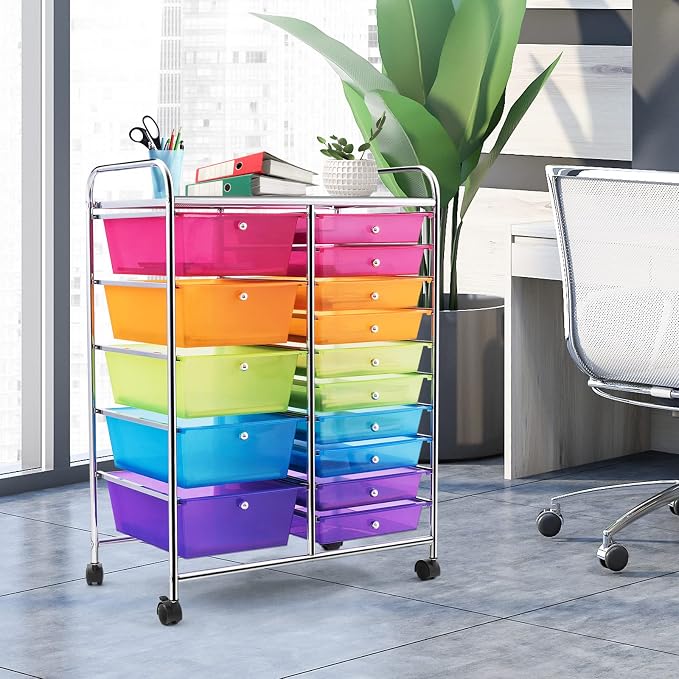 COSTWAY 15 Drawer Rolling Storage Cart, Mobile Storage Organizer | Removable Drawers & Metal Frame, Multipurpose Utility Tools Paper Organizer on Wheels for Home, Office (Rainbow)