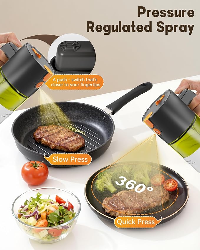 Olive Oil Sprayer & Dispenser for Cooking, 17oz Dark Glass Oil Mister, 2PC | 2-in-1 Sprayer & Pourer, Leakproof, Fine mist, Light-Blocking, Wide Mouth for Easy Refill & Clean, 8 Oil Labels, Reusable